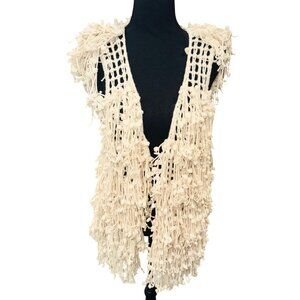 Hendi USA Vintage 70s Boho Open Knit Crochet Fringe Western Hippie Long Vest OS